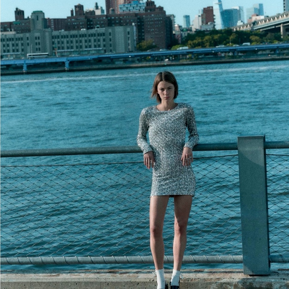 Zara Silver Bodycon Mini Dress with Long Bishop Sleeves
